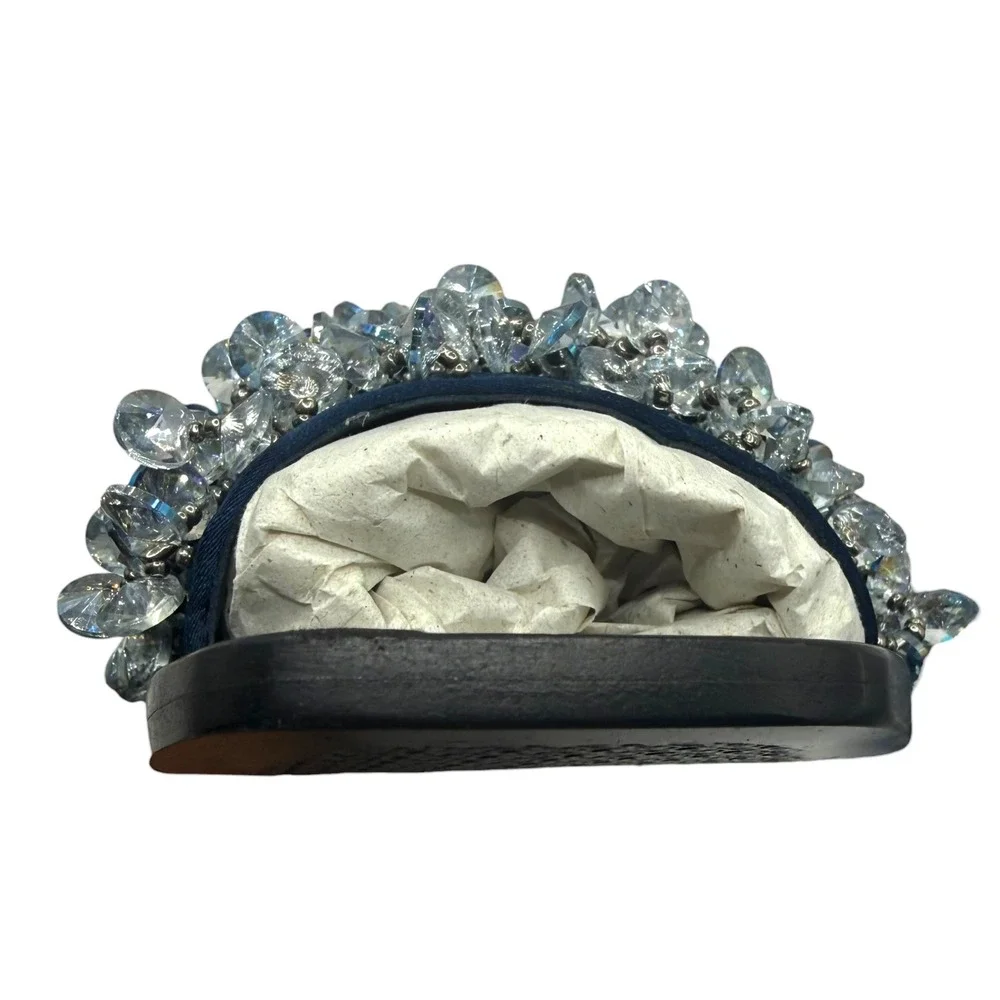 NEW Tory Burch Crystal Embellished Crystal Slide Sandals Navy Black Leather 6M